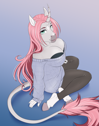 Size: 2207x2818 | Tagged: safe, artist:askbubblelee, oc, oc only, oc:rosie quartz, unicorn, anthro, unguligrade anthro, abstract background, anthro oc, big breasts, breasts, cleavage, clothes, coat markings, crossed legs, curved horn, dappled, digital art, downblouse, eyelashes, eyeshadow, facial markings, female, gradient background, high res, hooves, horn, leggings, legs, leonine tail, lidded eyes, lips, looking at you, looking up, looking up at you, makeup, mare, off shoulder, off shoulder sweater, sitting, snip (coat marking), socks (coat markings), solo, star (coat marking), sweater, sweater puppies, tail, thighs, unicorn oc