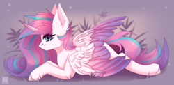 Size: 3728x1820 | Tagged: safe, artist:elektra-gertly, princess flurry heart, alicorn, pony, g4, colored wings, female, looking at you, lying down, multicolored wings, older, older flurry heart, prone, solo, wings