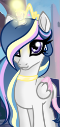 Size: 277x589 | Tagged: safe, artist:owocrystalcatowo, oc, oc only, alicorn, pony, alicorn oc, female, glowing, glowing horn, horn, looking at you, magic, magic aura, mare, smiling, smiling at you, solo, wings