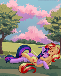 Size: 3102x3900 | Tagged: safe, artist:xjenn9, sunset shimmer, twilight sparkle, pony, unicorn, blushing, cuddling, duo, eyes closed, female, forehead kiss, high res, hug, kissing, lesbian, mare, scenery, shipping, smiling, sunsetsparkle, tree, unicorn twilight, ych example, your character here