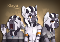 Size: 4093x2894 | Tagged: safe, artist:felixf, oc, oc only, oc:kizya, zebra, anthro, abstract background, anthro oc, male, trio, yawn, zebra oc