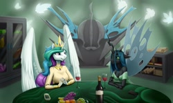 Size: 2560x1524 | Tagged: safe, artist:darkcat613, princess celestia, queen chrysalis, alicorn, changeling, changeling queen, anthro, fall of equestria, g4, alcohol, bookshelf, clothes, crown, dress, duo, duo female, duo focus, female, fruit, implied death, implied human, indoors, jewelry, lesbian, regalia, rise of equestria, scenery, ship:chryslestia, shipping, spread wings, wine, wine glass, wings