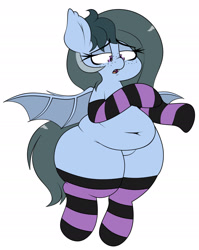 Size: 1536x1932 | Tagged: safe, artist:blitzyflair, oc, oc only, oc:blitzy flair, bat pony, pony, bat pony oc, belly, belly button, big belly, chubby, clothes, dummy thicc, fangs, fat, female, flying, freckles, fupa, looking down, mare, open mouth, plump, race swap, simple background, socks, solo, spread wings, striped socks, thighs, thunder thighs, white background, wide hips, wings