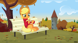 Size: 3840x2160 | Tagged: safe, artist:a4r91n, applejack, earth pony, pony, g4, autumn, bench, clothes, cup, female, food, high res, hoof hold, leaves, mare, scenery, sitting, sweater, tea
