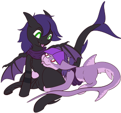 Size: 3503x3270 | Tagged: safe, artist:dirtpecker, oc, oc only, oc:raven stargazer, oc:whip splash, bat pony, original species, shark, shark pony, :p, fangs, high res, simple background, tongue out, transparent background, underhoof