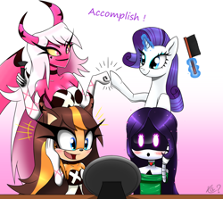 Size: 1856x1657 | Tagged: safe, artist:questionmarkdragon, rarity, badger, demon, pony, robot, succubus, unicorn, anthro, g4, :d, anthro with ponies, bare shoulders, breasts, brush, crossover, drone, eyelashes, female, fist bump, glowing, glowing eyes, glowing horn, gradient background, hellaverse, hellborn, helluva boss, hoofbump, horn, magic, mare, murder drones, open mouth, open smile, sleeveless, smg4, smiling, sonic boom, sonic the hedgehog (series), spring broken, sticks the badger, strapless, telekinesis, uzi doorman, verosika mayday, worker drone