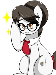 Size: 768x1024 | Tagged: safe, artist:zeon_starlight, writing desk, pony, g4, ascot, female, glasses, hair bun, mare, secretary, simple background, solo, white background