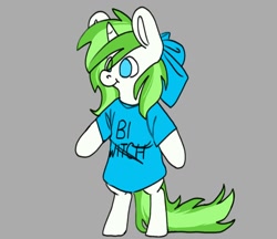 Size: 1060x916 | Tagged: safe, artist:aliceg, oc, oc only, oc:minty root, pony, unicorn, bipedal, bow, clothes, female, gray background, horn, shirt, simple background, solo, t-shirt, unicorn oc