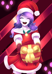 Size: 5834x8200 | Tagged: safe, artist:opal_radiance, rarity, equestria girls, g4, christmas, christmas presents, clothes, cute, dress, eyes closed, female, gloves, hat, holiday, holly, open mouth, raribetes, santa hat, solo, stockings, thigh highs, ych example, your character here
