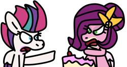 Size: 1224x653 | Tagged: safe, artist:jadeharmony, pipp petals, zipp storm, pegasus, pony, g5, my little pony: a new generation, argument, cake, cherry, duo, duo female, eating, female, food, herbivore, mare, messy eating, open mouth, pointing, siblings, simple background, sisters, sisters being sisters, transparent background