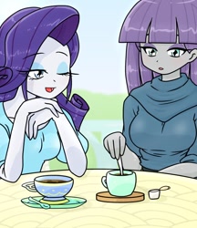 Size: 640x740 | Tagged: safe, alternate version, artist:batipin, maud pie, rarity, equestria girls, g4, blushing, breasts, busty maud pie, busty rarity, cleavage, duo, female, one eye closed, open mouth, spoon