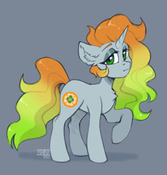 Size: 1620x1694 | Tagged: safe, artist:shinizavr, oc, oc only, pony, unicorn, chest fluff, ear fluff, female, green eyes, lifted leg, looking at you, multicolored hair, raised hoof, signature, simple background, solo