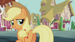 Size: 1280x720 | Tagged: safe, screencap, applejack, earth pony, pony, crusaders of the lost mark, g4, season 5, applebutt, applejack's hat, butt, cowboy hat, crying, crying on the outside, female, hat, plot, ponyville, solo, sugarcube corner, tears of joy