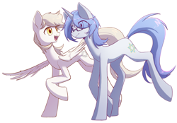 Size: 2360x1640 | Tagged: safe, artist:秋田伊子, oc, oc:concentric rings, pegasus, pony, unicorn, cutie mark, female, folded wings, glasses, looking at each other, simple background, smiling, white background, wings