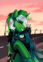 Size: 1733x2532 | Tagged: safe, artist:ijustmari, queen chrysalis, oc, oc:chain whip, changeling, changeling queen, pony, g4, canon x oc, chaisalis, duo, female, hug, male, straight