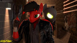 Size: 3840x2160 | Tagged: safe, artist:fireemerald123, oc, oc only, oc:page feather, oc:voice, anthro, 3d, alley, clothes, glowing, glowing eyes, graffiti, gun, handgun, high res, jacket, leather jacket, looking sideways, night, revolver, source filmmaker, void entity, voidpunk, watermark, weapon