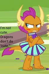 Size: 318x478 | Tagged: safe, edit, edited screencap, screencap, smolder, dragon, 2 4 6 greaaat, g4, blatant lies, blushing, cheerleader, cheerleader outfit, cheerleader smolder, clothes, cropped, cute, denial's not just a river in egypt, female, i'm not cute, skirt, smolderbetes, smoldere, solo, tsundere