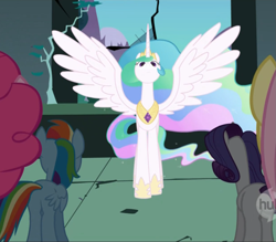 Size: 1111x974 | Tagged: safe, screencap, princess celestia, rainbow dash, rarity, alicorn, pegasus, pony, unicorn, friendship is magic, g4, season 1, butt, faic, female, front view, great moments in animation, hub logo, plot, rainbutt dash, rearity, spread wings, wings