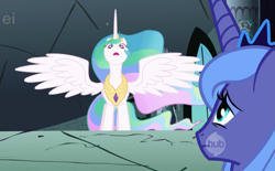 Size: 1525x944 | Tagged: safe, screencap, princess celestia, princess luna, alicorn, pony, friendship is magic, g4, season 1, ei, faic, female, front view, frown, hub logo, mare, royal sisters, s1 luna, siblings, sisters, spread wings, wings