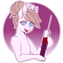 Size: 2160x2160 | Tagged: safe, artist:darmetyt, nurse redheart, earth pony, anthro, g4, blood, ear fluff, equine, eyelashes, female, hair bun, hat, high res, mare, nurse hat, open mouth, open smile, shrunken pupils, simple background, smiling, solo, syringe, transparent background