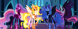 Size: 1192x445 | Tagged: safe, artist:confrank01, artist:drakizora, artist:limedazzle, artist:orin331, daybreaker, nightmare moon, princess cadance, twilight sparkle, alicorn, pony, equestria girls, g4, alternate timeline, alternate universe, armor, concave belly, equestria girls ponified, ethereal mane, ethereal tail, fangs, female, folded wings, group, helmet, hoof shoes, horn, long horn, long legs, long mane, long tail, mane of fire, mare, midnight sparkle, multicolored hair, nightmare cadance, nightmare heart, nightmare takeover timeline, nightmarified, peytral, ponified, princess midnight, princess shoes, quartet, raised hoof, show accurate, simple background, slender, smiling, sparkling, spread wings, tail, tall, tall alicorn, thin, twilight sparkle (alicorn), wings