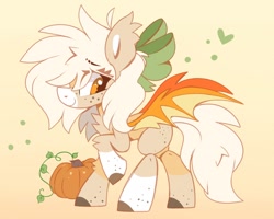 Size: 1200x960 | Tagged: safe, artist:sugaryyflower, oc, oc only, oc:pumpkinharvest, bat pony, pony, abstract background, bat pony oc, bat wings, bow, chest fluff, coat markings, ear fluff, female, food, freckles, gradient background, hair bow, mane bow, orange, pumpkin spice, raised hoof, smiling, socks (coat markings), solo, standing, wings
