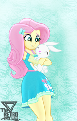 Size: 1350x2109 | Tagged: safe, artist:theretroart88, angel bunny, fluttershy, equestria girls, g4, my little pony equestria girls: better together, angelbetes, butterfly hairpin, carrying, clothes, cute, dress, duo, eyes closed, female, fluttershy boho dress, hug, pet, shyabetes, smiling