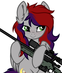 Size: 2313x2713 | Tagged: safe, artist:furyx, oc, oc only, oc:evening prose, pegasus, pony, awp, female, freckles, gun, high res, jewelry, mare, necklace, pearl necklace, rifle, simple background, sniper rifle, solo, transparent background, weapon