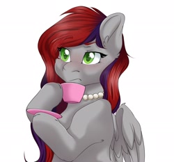 Size: 2048x1912 | Tagged: safe, artist:melpone, oc, oc only, oc:evening prose, pegasus, pony, cup, female, freckles, jewelry, mare, necklace, pearl necklace, raised eyebrow, simple background, solo, teacup, white background