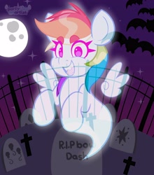 Size: 3512x4000 | Tagged: safe, artist:partypievt, rainbow dash, bat, ghost, ghost pony, pegasus, pony, undead, g4, fangs, female, floating wings, full moon, gravestone, graveyard, halloween, happy, holiday, mare, moon, night, open mouth, open smile, rest in peace, smiling, solo, stars, wings