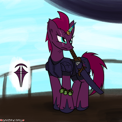 Size: 1200x1200 | Tagged: safe, artist:skydreams, tempest shadow, pony, g4, armor, artificial horn, colored, crystal, female, flat colors, horn, mare, sky pirate, solo, sword, tempest gets her horn back, weapon
