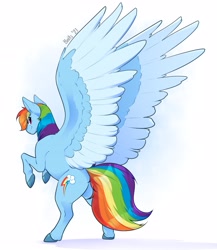 Size: 2674x3075 | Tagged: dead source, safe, artist:baitslament, rainbow dash, pegasus, pony, g4, butt, colored hooves, colored wings, female, high res, large wings, looking at you, looking back, looking back at you, mare, plot, rainbutt dash, rearing, simple background, solo, two toned wings, white background, wings