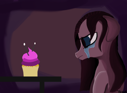 Size: 3800x2795 | Tagged: safe, artist:tazool, pinkie pie, earth pony, pony, g4, candle, crying, cupcake, food, high res, mlp fim's eleventh anniversary, pinkamena diane pie, sad, simple background, solo, table