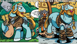 Size: 1142x663 | Tagged: safe, artist:brenda hickey, edit, idw, cocoa axe, rockhoof, earth pony, pony, g4, legends of magic #2, my little pony: legends of magic, spoiler:comic, beard, braid, clothes, comic, facial hair, fat, holiday, majestic as fuck, male, meme, mighty helm, out of shape, rockhoof's shovel, shovel, stallion, text, thanksgiving, tight clothing, valknut, weight gain