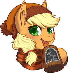 Size: 2168x2331 | Tagged: safe, artist:taytinabelle, applejack, earth pony, pony, g4, alternate hairstyle, autumn, bust, cider, cider mug, clothes, cute, female, happy, hat, high res, hoof hold, jackabetes, looking at you, mare, missing accessory, mug, scarf, simple background, smiling, solo, transparent background