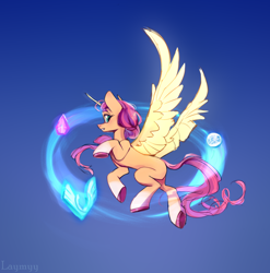 Size: 3952x4008 | Tagged: safe, artist:laymy, sunny starscout, alicorn, earth pony, pony, g5, my little pony: a new generation, spoiler:my little pony: a new generation, artificial wings, augmented, earth pony crystal, female, flying, gradient background, high res, horn, magic, magic horn, magic wings, mare, pegasus crystal, race swap, solo, spread wings, sunnycorn, underhoof, unicorn crystal, wings