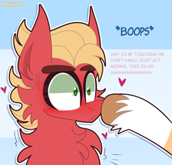 Size: 1359x1307 | Tagged: safe, artist:saveraedae, hitch trailblazer, sprout cloverleaf, earth pony, pony, g5, my little pony: a new generation, blushing, boop, cheek fluff, chest fluff, coat markings, cute, dialogue, ear fluff, flustered, gay, heart, hitchsprout, in love, male, offscreen character, offscreen male, shipping, socks (coat markings), sproutbetes, stallion, stallion on stallion, tsundere, unshorn fetlocks