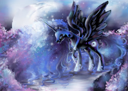 Size: 2903x2065 | Tagged: safe, artist:dana-himitsu, nightmare moon, alicorn, pony, g4, blue eyes, blue mane, blue tail, colored pupils, ethereal mane, ethereal tail, feather, female, flowing mane, flowing tail, helmet, high res, hoof shoes, horn, lake, looking down, mare, moon, moonlight, open mouth, peytral, snow, solo, spread wings, tail, wings
