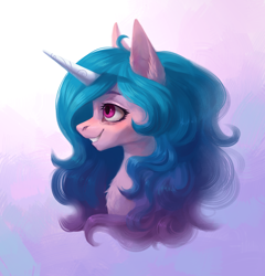 Size: 2400x2500 | Tagged: safe, artist:inarimayer, izzy moonbow, pony, unicorn, g5, my little pony: a new generation, abstract background, bust, chest fluff, female, grin, high res, mare, smiling, solo