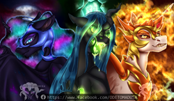 Size: 2296x1329 | Tagged: safe, artist:crystal5ky, edit, daybreaker, nightmare moon, queen chrysalis, alicorn, changeling, changeling queen, pony, g4, armor, black background, blue eyes, blue mane, bust, ethereal mane, evil smile, eyelashes, fangs, feather, female, flowing mane, glowing, glowing eyes, glowing horn, green eyes, green mane, grin, helmet, horn, logo, logo edit, mane of fire, open mouth, simple background, smiling, spread wings, teeth, wing armor, wings, yellow eyes