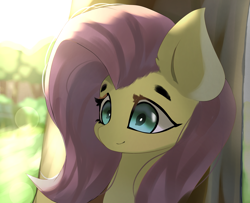 Size: 3232x2624 | Tagged: safe, artist:jfrxd, fluttershy, pegasus, pony, g4, bust, female, high res, lens flare, looking at you, mare, portrait, smiling, solo, three quarter view, tree