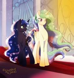 Size: 1422x1497 | Tagged: safe, artist:sjmarts, princess celestia, princess luna, alicorn, pony, 2021, deviantart link, duo, female, flushed face, folded wings, horns, mare, missing accessory, royal sisters, siblings, sisters, wings