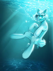 Size: 1280x1728 | Tagged: safe, artist:banshiiii, oc, oc only, earth pony, pony, blue background, bubble, crepuscular rays, lidded eyes, looking at you, male, ocean, signature, simple background, solo, stallion, sunlight, swimming, underwater, water