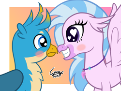 Size: 4096x3072 | Tagged: safe, artist:gregory-the-griffon, gallus, silverstream, classical hippogriff, griffon, hippogriff, g4, blushing, cute, diastreamies, female, gallabetes, grin, heart eyes, high res, interspecies, jewelry, male, necklace, ship:gallstream, shipping, smiling, straight, wingding eyes
