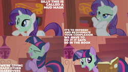 Size: 1280x720 | Tagged: safe, edit, edited screencap, editor:quoterific, screencap, rarity, twilight sparkle, pony, unicorn, g4, look before you sleep, season 1, bipedal, book, cute, eyes closed, female, glowing, glowing horn, golden oaks library, horn, magic, magic aura, mare, mud mask, open mouth, open smile, smiling, telekinesis, twiabetes, unicorn twilight