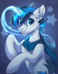 Size: 1555x2000 | Tagged: safe, artist:trickate, oc, oc only, oc:solar gizmo, pony, unicorn, blue background, blue eyes, blushing, cheek fluff, chest fluff, chin fluff, cloak, clothes, ear fluff, eyebrows, eyebrows visible through hair, glowing, glowing horn, grin, horn, looking at you, male, shoulder fluff, simple background, smiling, solo, stallion, unicorn oc