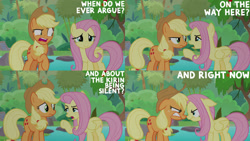 Size: 1280x720 | Tagged: safe, edit, edited screencap, editor:quoterific, screencap, applejack, fluttershy, earth pony, pegasus, pony, g4, season 8, sounds of silence, applejack's hat, cowboy hat, female, floppy ears, hat, looking at each other, mare, open mouth