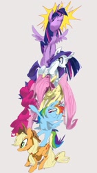 Size: 1014x1800 | Tagged: safe, artist:jfartt, applejack, fluttershy, pinkie pie, rainbow dash, rarity, twilight sparkle, alicorn, earth pony, pegasus, pony, unicorn, g4, female, mane six, mare, pony pile, simple background, spread wings, tower of pony, twilight sparkle (alicorn), wings