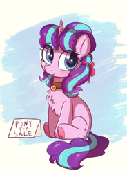 Size: 1319x1789 | Tagged: safe, artist:kqaii, starlight glimmer, pony, unicorn, g4, bow, chest fluff, collar, dialogue, female, for sale, frog (hoof), mare, sitting, smiling, solo, underhoof