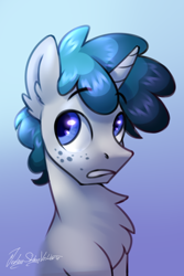 Size: 2000x3000 | Tagged: safe, artist:jedayskayvoker, oc, oc only, oc:dream police, pony, unicorn, bust, chest fluff, colored pupils, ear fluff, eyebrows, eyebrows visible through hair, freckles, gradient background, high res, horn, looking up, male, portrait, solo, stallion